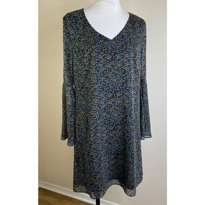CABI Womens Shift DRESS - Size Medium Sheer Bell Sleeves Blue Tan Floral Print